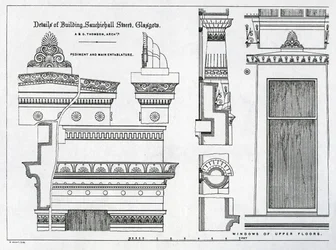 Architectural Details of Grecian Chambers, 336-356 Sauchiehall Street, Glasgow, designed by Alexander Greek Thomson, 1869