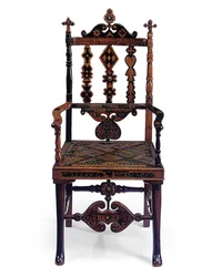 Inlaid and carved open armchair encoded with a patchwork of various phrases