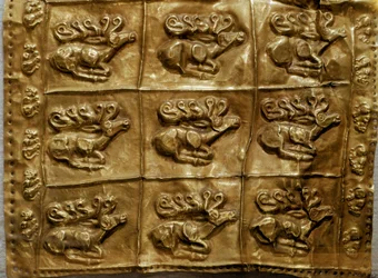 Scythian art: cover of gold quiver decorated with animals (deer). From Tumulus No. 4 in Kelermes, Krasnodar Region, Kuban, Russia, 7th century BC