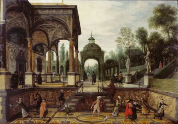 Italian garden with gallery and figures, First third of 17th century
