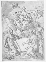 Three Male Saints with Madonna and Child in the Clouds Surrounded by Angels