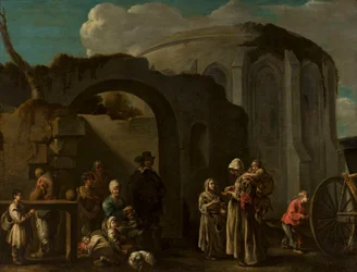 Family of beggars among ruins