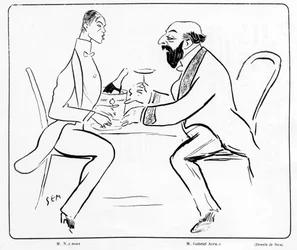 Cartoon by Nijuisky and Gabriel Astri in a cafe, drawing by Sem (1863 - 1934).