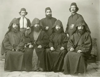 Group of 4 Armenian Priests and 3 Others in the Courtyard at the Mediterranean Hotel, Jerusalem, 1867