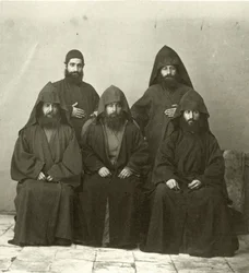 Group of 5 Armenian Priests in the Courtyard of the Mediterranean Hotel, Jerusalem, 1867