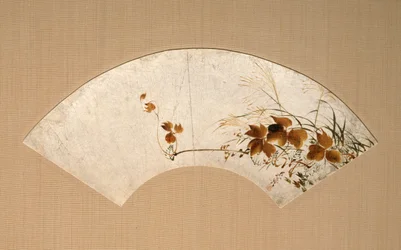 Autumn Leaves and Grasses (Autumn Grasses Picture, Lacquer Painting on a Fan Leaf)