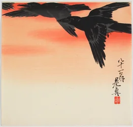 Crows Flying at Sunset