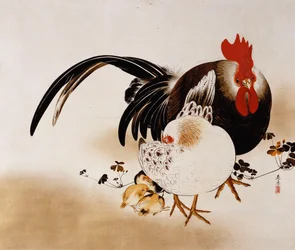 Hanging scroll depicting a Cockerel, hen and chicks
