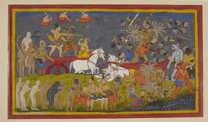 Rama Kills Ravana with the Brahma Weapon; Celestials Rejoice and Vibhishana Pays Homage