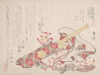 Shakuhachi, a Kind of Bamboo Flute, with Its Cover and Cherry Flowers