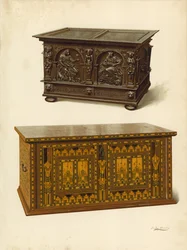 Oak Chest, Property of Seymour Lucas; Oak Inlaid Nonesuch Chest