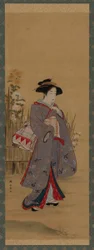 Woman near a fenced-off flowering garden, late 18th century
