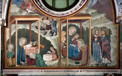 The Nativity and Adoration of the Magi. Fresco of the School of Siena. 14th century. Chapel of the Virgin. Monastery of Saint Benedetto, Subiaco, Italy