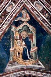 View of the Detail of a Fresco Decorating One of the Vaults of the Upper Church Representing the Four Doctors of the Roman Church: Saint Augustine of Hippo and the Evangelist Saint John, Monastery of Saint Benedetto, Subiaco, Rome, Italy
