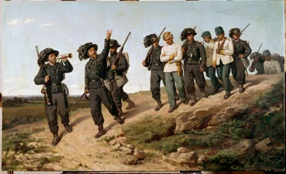 Episode of the Italian campaign in 1859: Austrian prisoners of war surrounded by bersaglieri