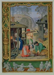December: Preparing food for the winter, making bread and killing a pig, from a Book of Hours, or the Golf Book