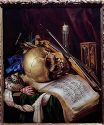 Vanitas. Still life of skull, sheet music, musical instruments, shells and hourglass. Painting by Simon Bernard of Saint Andre