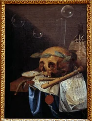 Vanitas Still Life of Skull, Crown of Laurels, Flutes, Score and Wine Jug