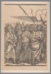 Reproduction of the third part of the print series The Triumph of Christ after Joos Lambrecht