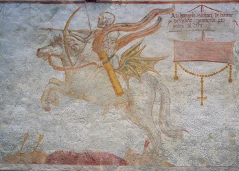 Death riding on horseback aiming arrow