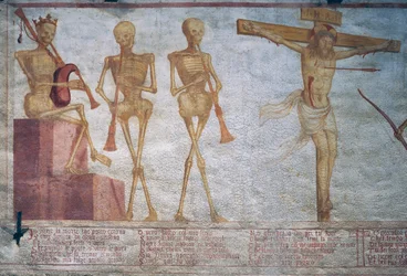Three skeletons playing the Dance of Death and Christ on the cross (detail)