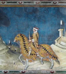 Guidoriccio da Fogliano. Guido Riccio da Fogliano, commander of the army of Siena, during the capture of the castle of Montemassi in Maremma in 1328. Fresco by Simone Martini
