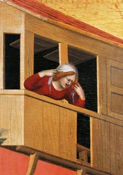 Woman leaning over balcony (detail)