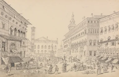 Album of 30 Views in the Tyrol and Italy: Square at Bologna, Cathedral and Palace of the Pope