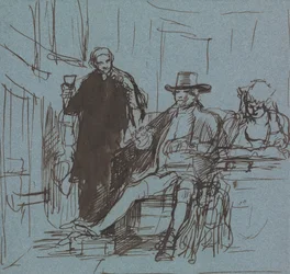 Captain Locker Seated at a Table with His Daughter; a Butler Standing Beside Him