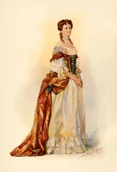 Gown of red brocade worn in the Barbados Colony c1685, 1903