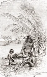 A family of Sápara natives on a sandbank beside the Napo river, Ecuador
