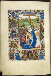 The Virgin Mary holding the body of Christ, with two disciples and women beside her, from a 