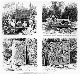 Artefacts discovered at Chichen Itza by Augustus Le Plongeon, illustration from La Illustracion Espanola y Americana 1877