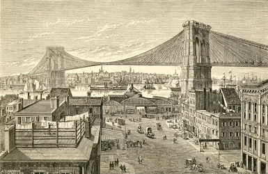 Brooklyn Bridge, New York, United States of America in the 19th century. From El Museo Popular published Madrid