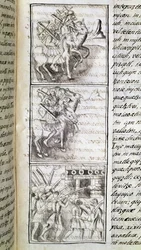 Codex of the conquest of Mexico: the Spaniards ready to attack the city of Tenochtitian. Miniature of the Florentine manuscript 