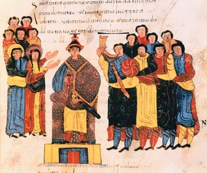 David is proclaimed king before the people of Juda, from the Visigothic-Mozarabic Bible of St. Isidores, A.D. 960