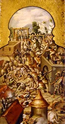Depiction of the atrocities committed during the fighting for the conquest of the Temple Mayor and the Zocalo piazza