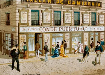 Fashion: advertising poster for the fabric shop "Conde Puerto" boutique, Barcelona (19th century)