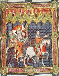 Alfonso VII and his wife, Berenguela of Barcelona, led to meet the archbishop, from a manuscript depicting the coronations of the Kings of Aragon and Castille