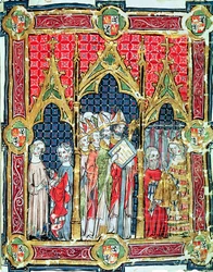 Coronation of the Kings of Aragon and Castille: Alfonso VII Offering Golden Bread in the Presence of the Archbishop of Toledo, from the Libro de los Testamentos