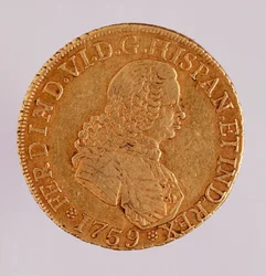 Golden coin (8 ecus) from Spain: reign of Ferdinand VI (1746-1759). 1759 Naples, museo archeologico