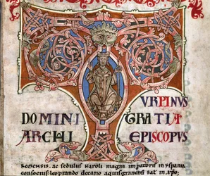 Initial T with a depiction of Charlemagne, illustration from the Codex Calixtinus