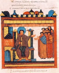 King David seated on his throne and surrounded by his court, from the Visigothic-Mozarabic Bible of St. Isidores, A.D. 960