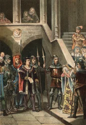 Leonor de Guzman favorite of King Alfonso XI stopped and executed by Don Alfonso Fernandez de Olmedo, under the order of Queen Mary of Portugal, in the 14th century. in 