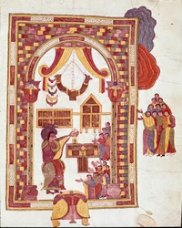 Mozarabic Art: the temple of Jerusalem, Aaron is represented as a high priest before an altar