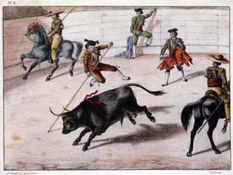Perch jump, bullfighting in Spain, Spanish lithography, 19th century
