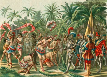 Reception from Anacaona, called the Golden Flower, on Hispaniola for Bartholomew Columbus and Hermano del Almirante