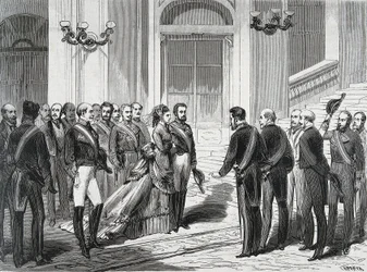 The King of Spain Amedee I and his wife Queen Mary Victory on their arrival at the Royal Palace in Madrid on March 19, 1871. Engraving from 