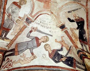 The cycle of months: the massacre of the innocents. Detail of a 12th century fresco from the Royal Pantheon of the Real Colegiata de San Isidoro (Royal Collegiate Church of Saint Isidore). León. Spain