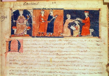The feudal lord preaching his sermon before the King of Majorca, James I from the Capbreu de Clayra et de Millas, 1292